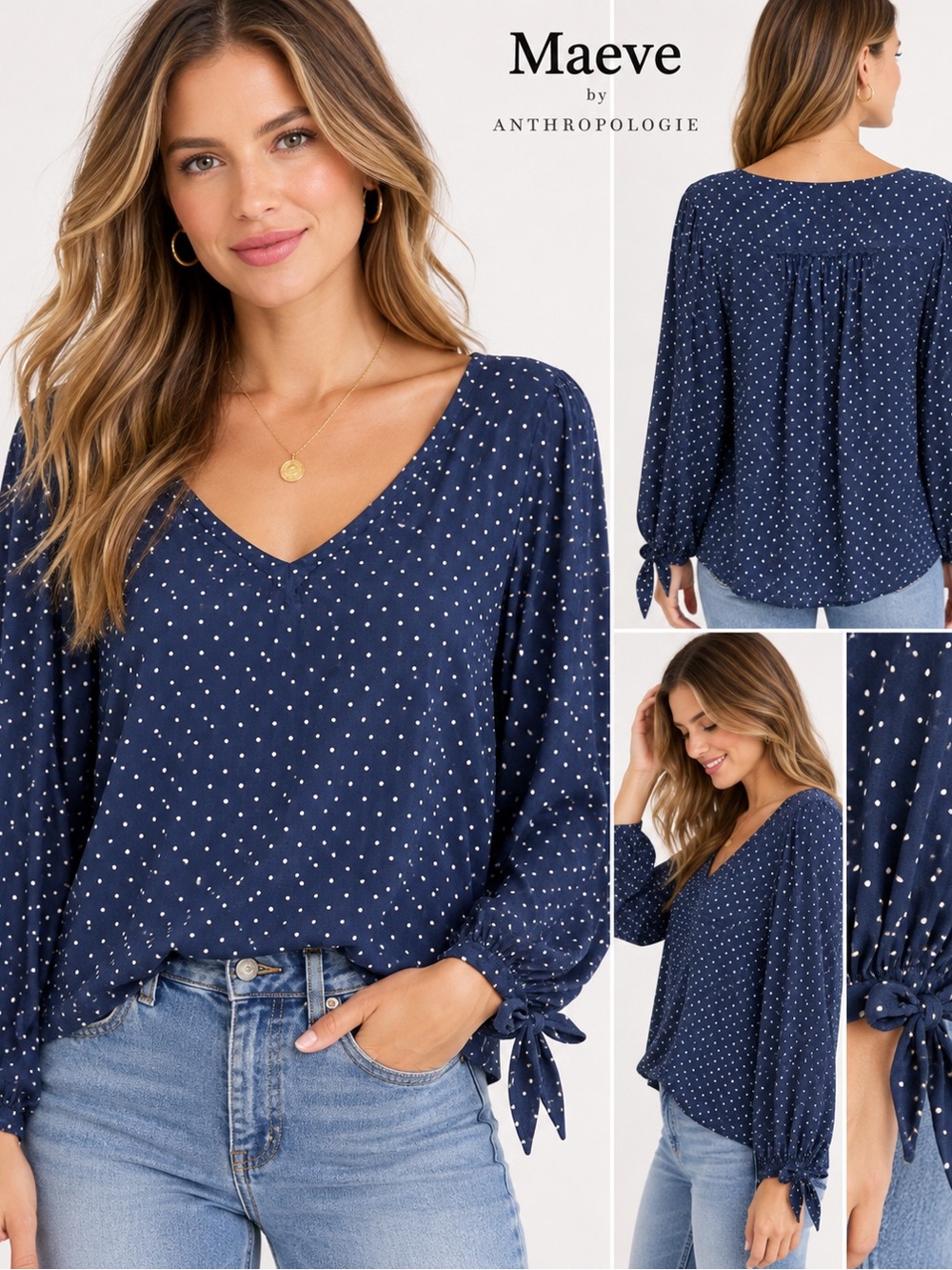 Maeve Anthropologie Navy Blue Polka Dot Blouse Size M Tie Sleeve V-Neck